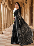 Premium Slub Silk Floral Printed  Zari Border Saree With Unstitched Blouse (Black)