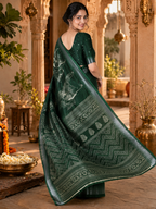 Premium Slub Silk Floral Printed  Zari Border Saree With Unstitched Blouse (Bottle Green)
