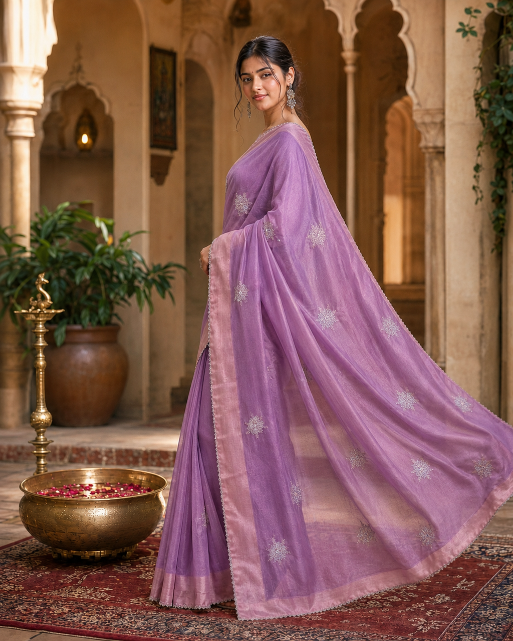 Gold Span Embroidery Moti Beats Zari Patta Border Silk Saree With Unstitched Blouse ( Violet)