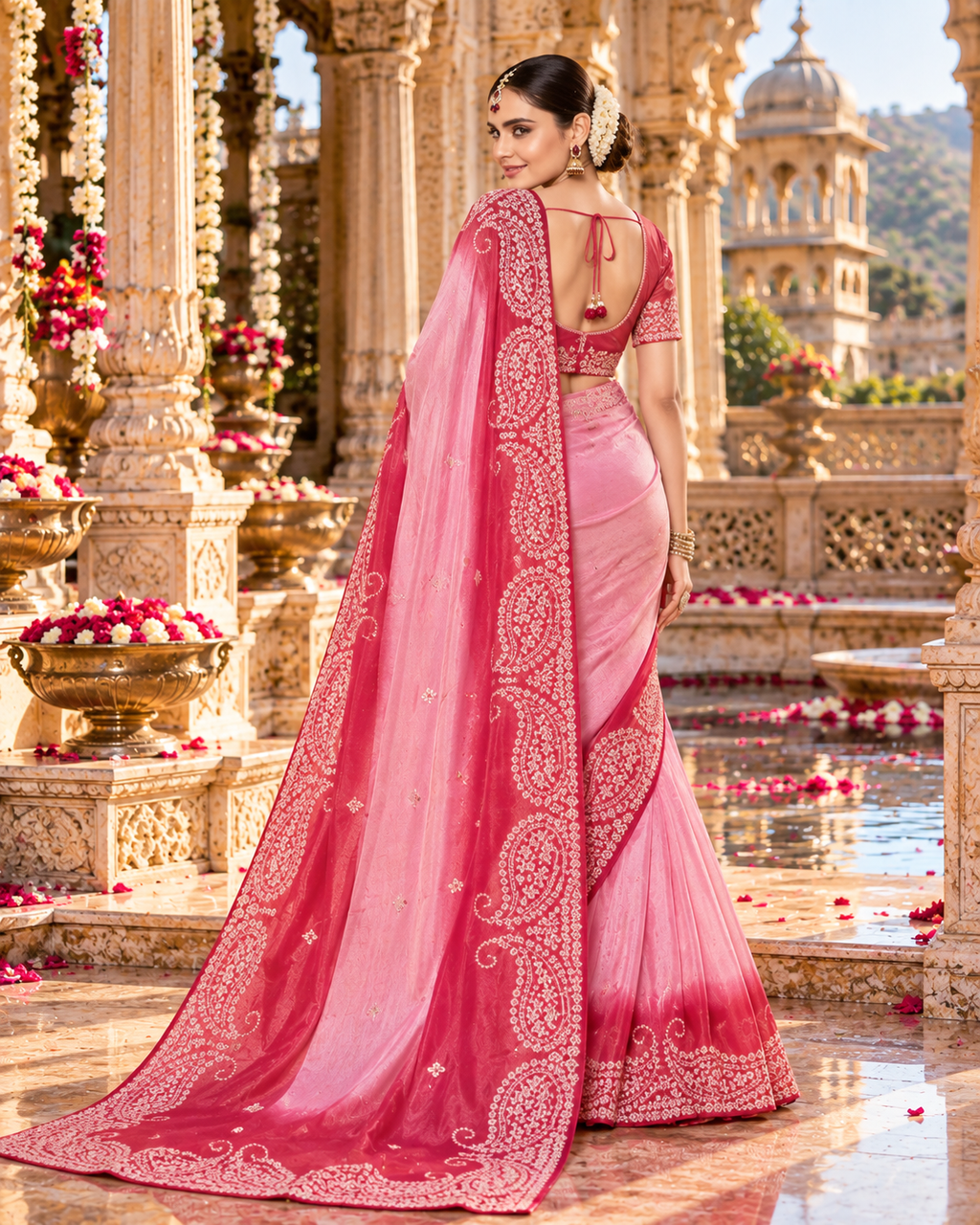 Pure Tissue Silk Handprint Saree With Unstitched Blouse(Pink)