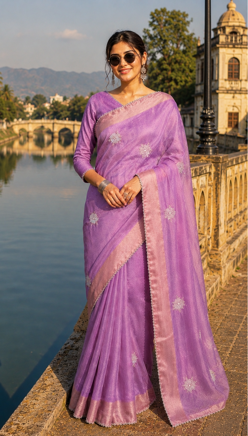 Gold Span Embroidery Moti Beats Zari Patta Border Silk Saree With Unstitched Blouse ( Violet)