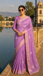 Gold Span Embroidery Moti Beats Zari Patta Border Silk Saree With Unstitched Blouse ( Violet)