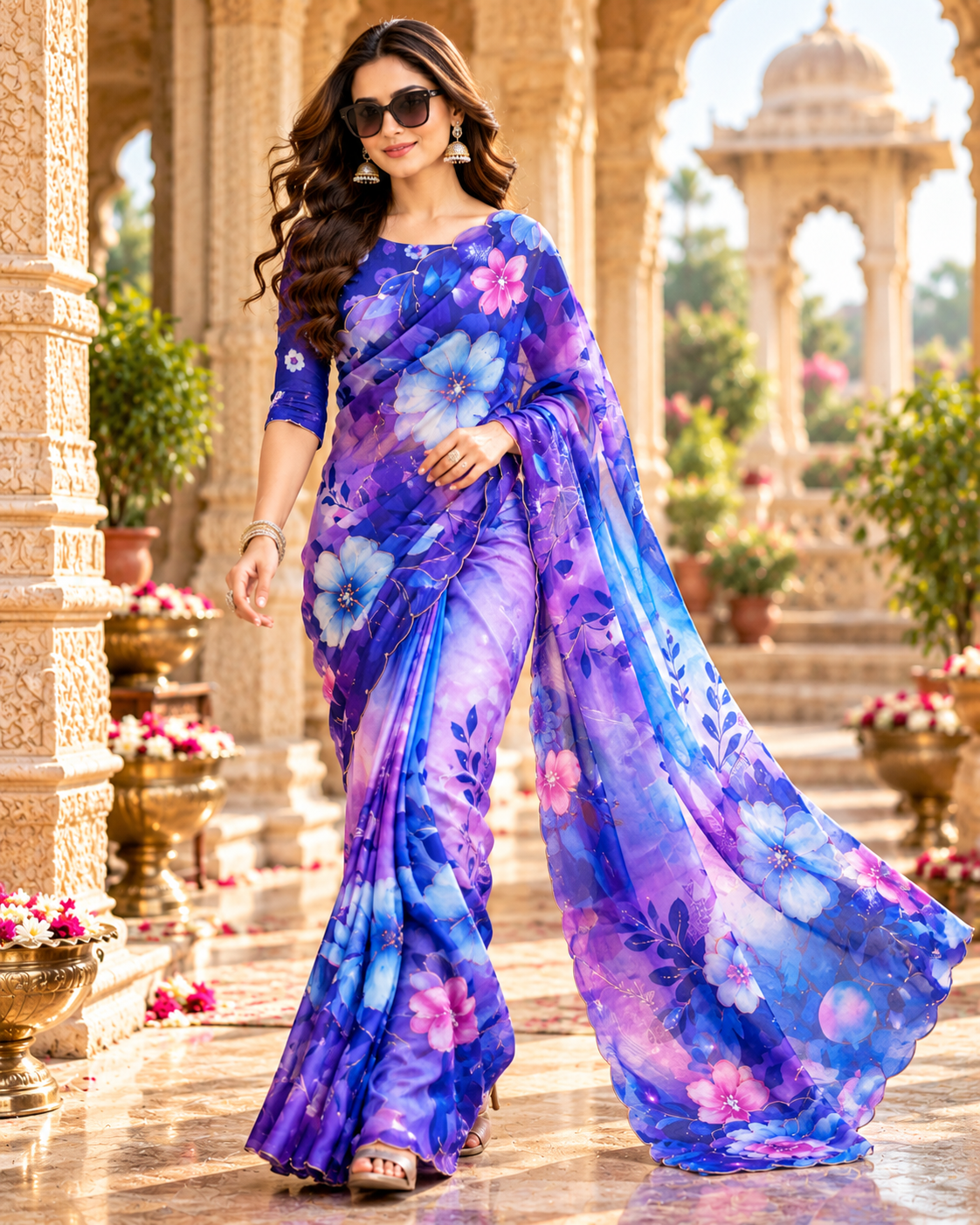 Organza Silk Floral Print Saree With Unstitched Blouse(Blue)