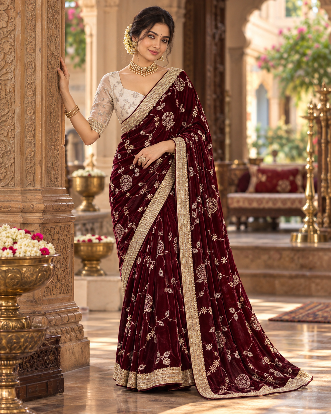 Satin Silk Party Wear Saree With Unstitched Blouse(Maroon)
