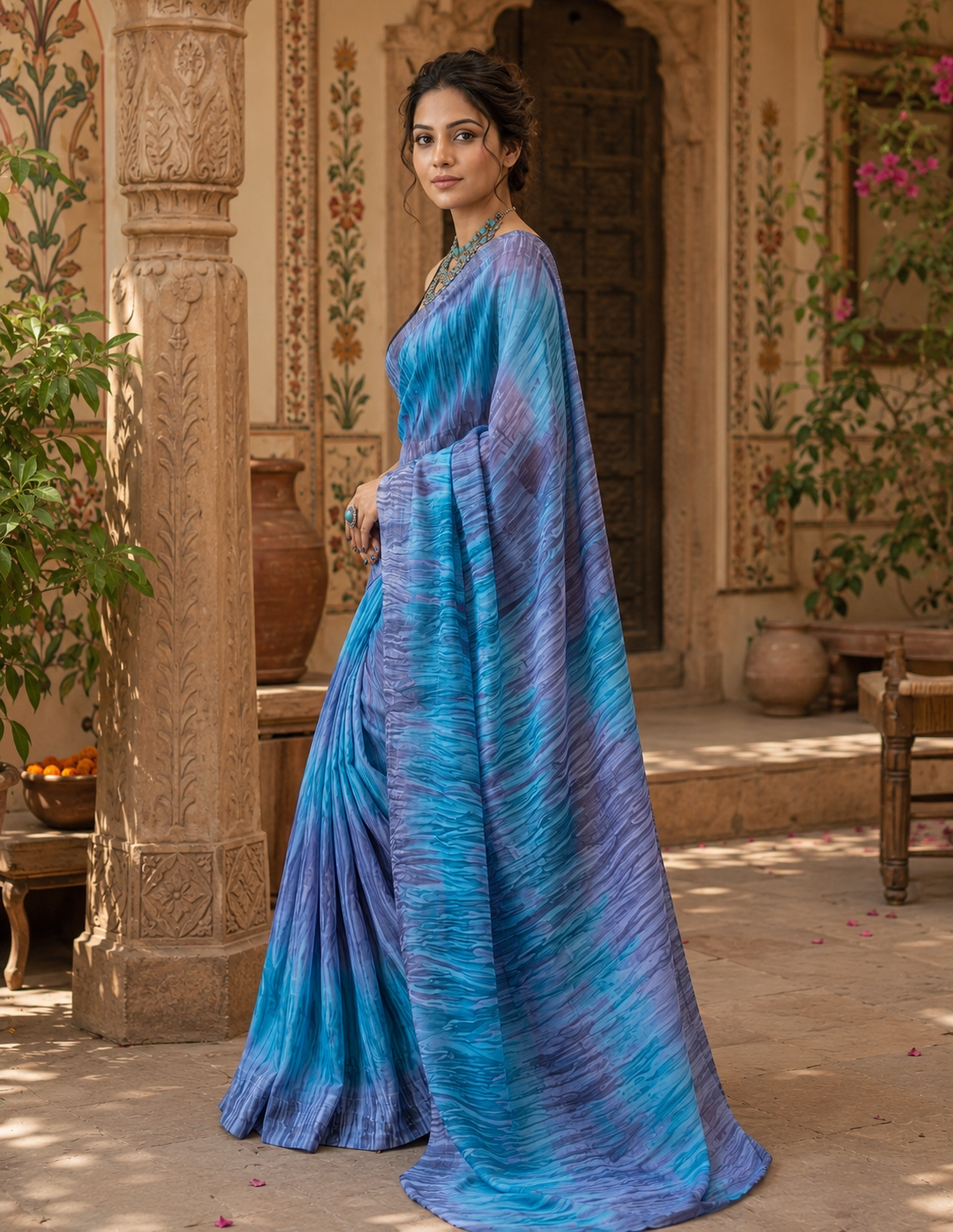 Soft Georgette Ready To Wear Saree With Unstitched Blouse(Blue)