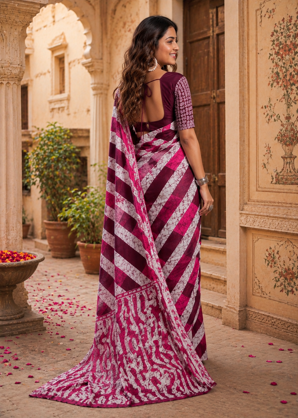 Mulmul Cotton Batik Hand Block Printed Saree With Unstitched Blouse(Pink)