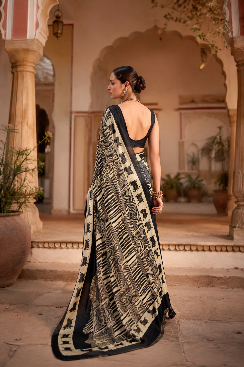 Satin Silk Printed Saree( Black)