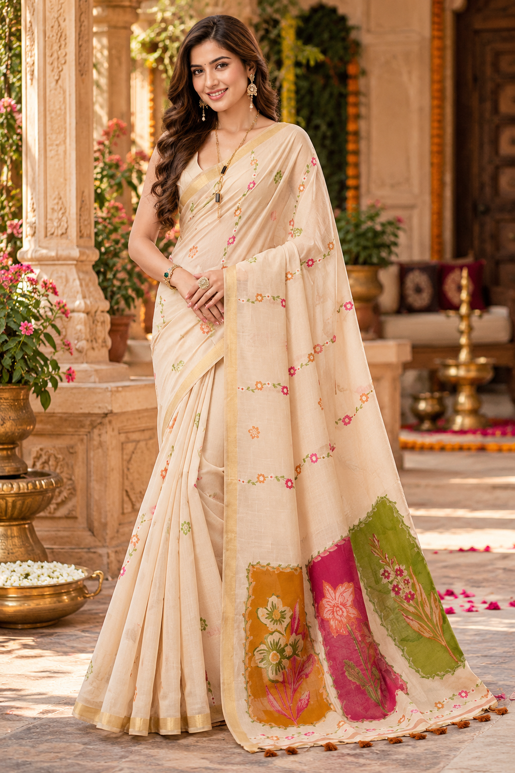 Soft Muga Cotton Printed Saree With Unstitched Blouse(Off White)