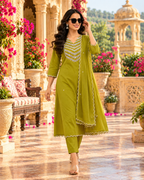 Heavy Roman Silk Kurti Pant Dupatta Set(Green)