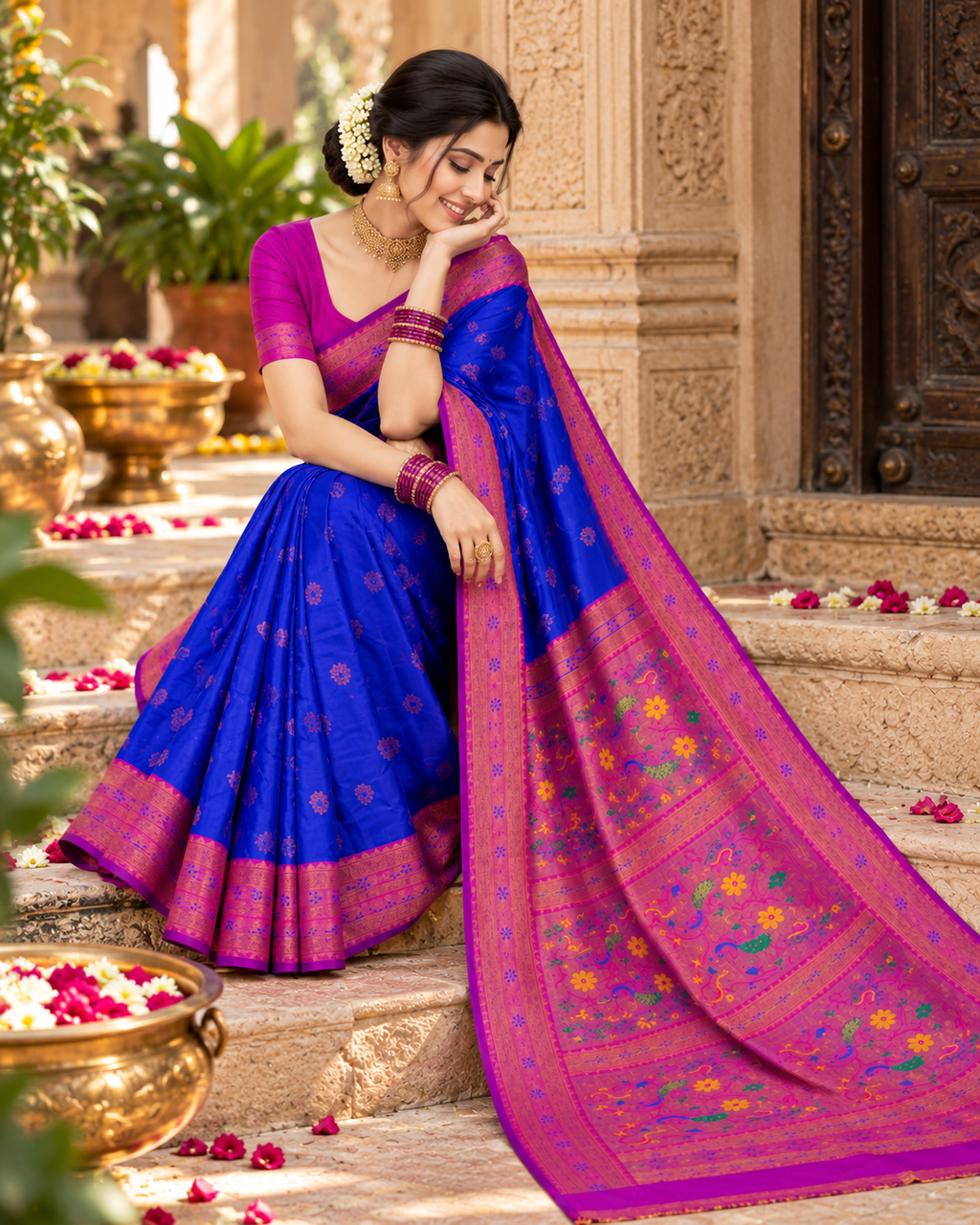 Soft Banarasi Silk Saree With Unstitched Blouse(Blue)