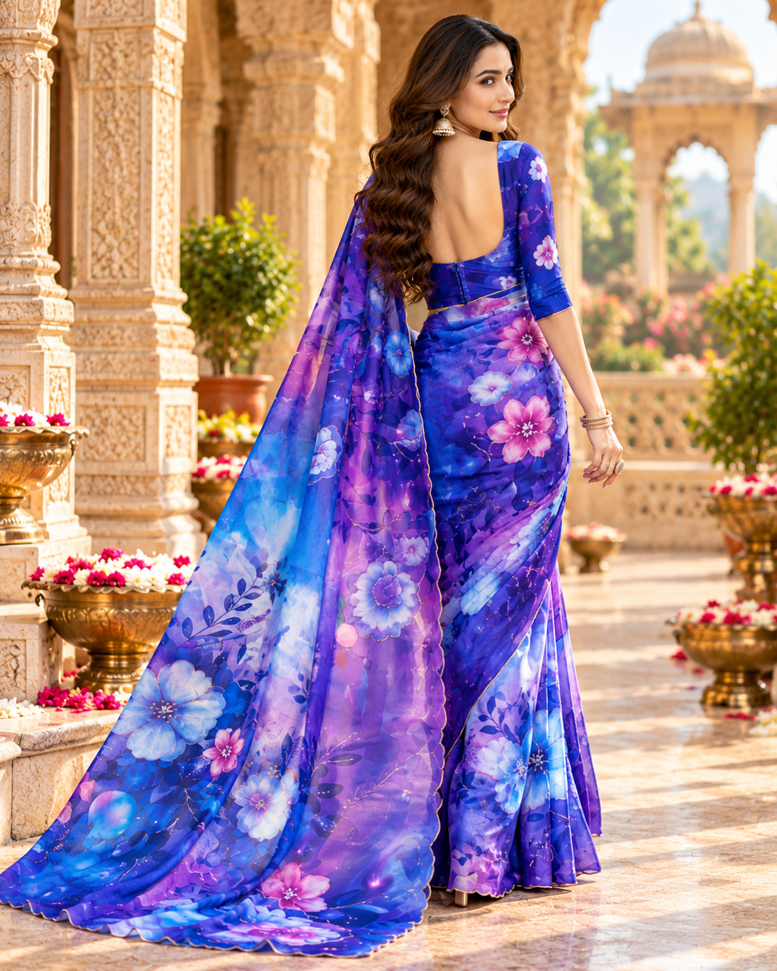 Organza Silk Floral Print Saree With Unstitched Blouse(Blue)