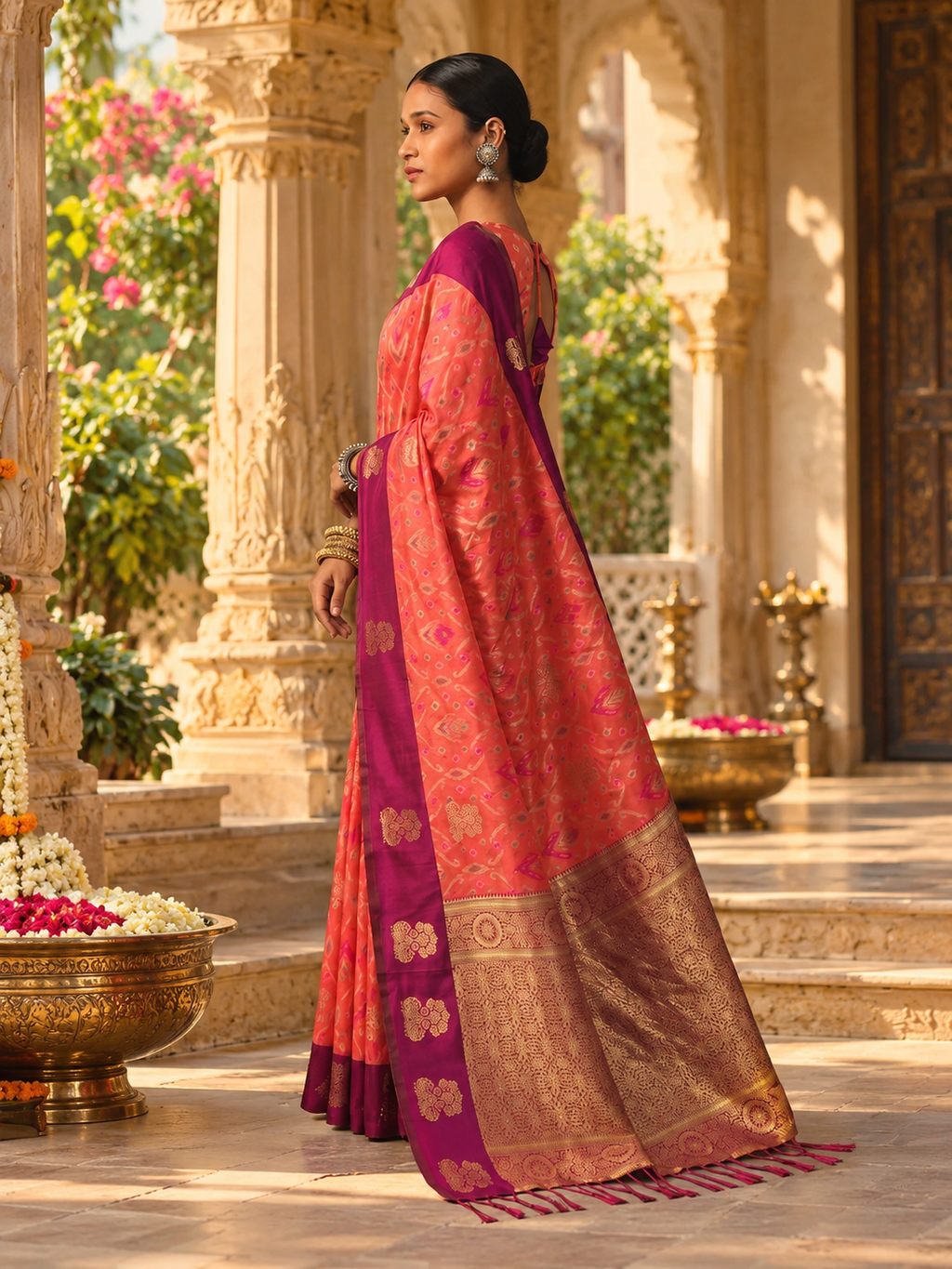 Pure Silk Zari Border Ikat Saree With Unstitched Blouse(Brink Pink)
