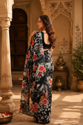 Crepe Silk Digital Print Saree With Unstitched Blouse(Black)
