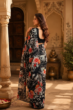 Load image into Gallery viewer, Crepe Silk Digital Print Saree With Unstitched Blouse(Black)
