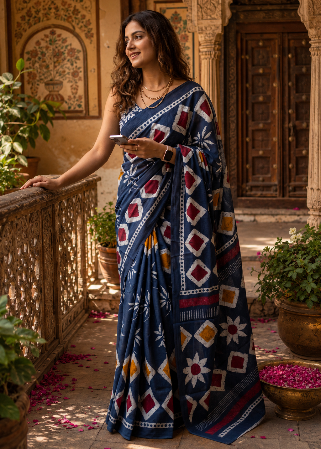 Soft Mulmul Cotton Batik Block-Printed Saree with Unstitched Blouse(Blue)