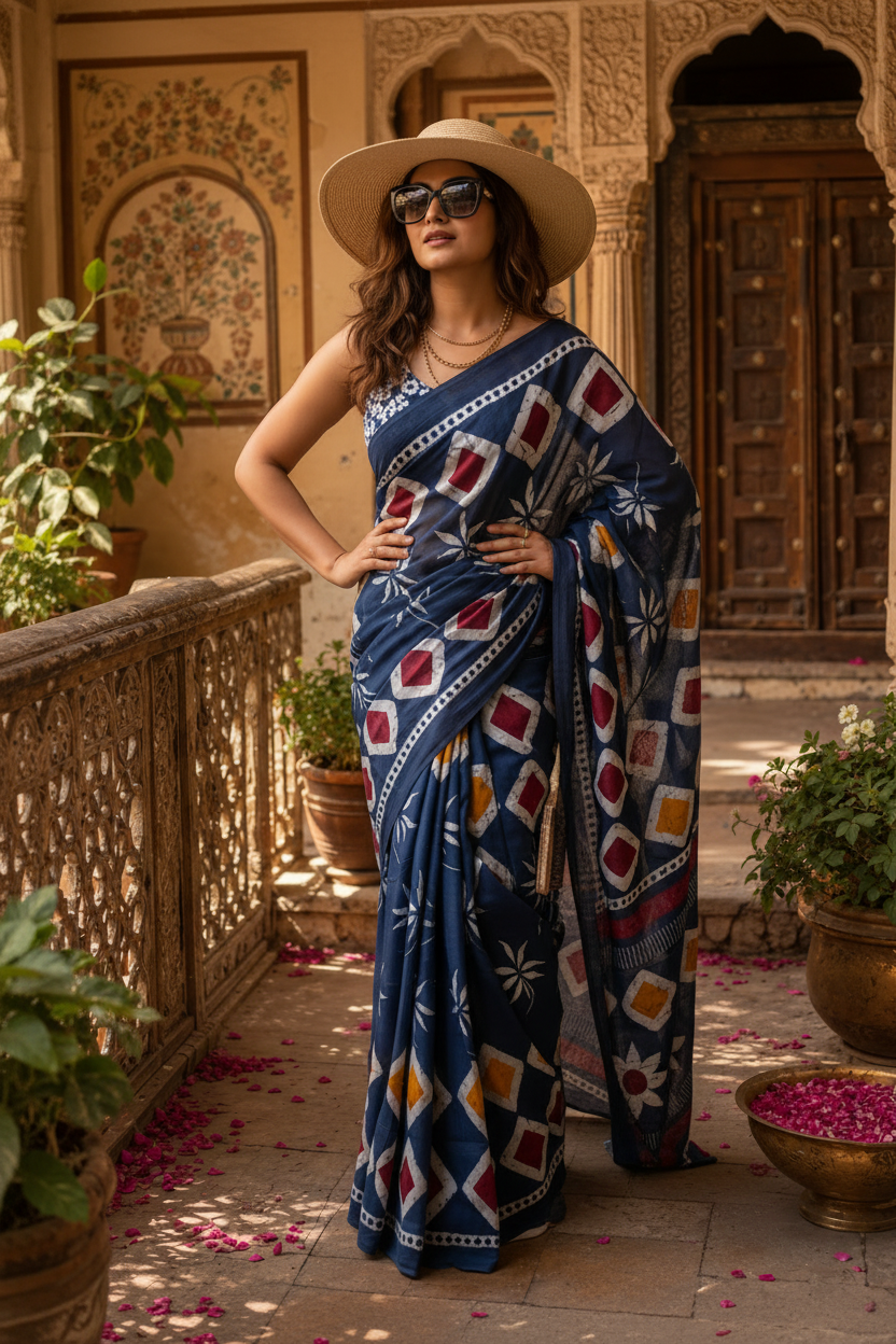 Soft Mulmul Cotton Batik Block-Printed Saree with Unstitched Blouse(Blue)