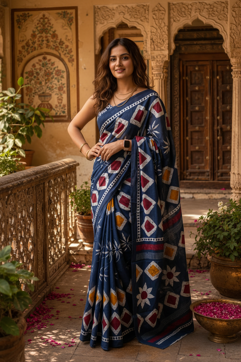 Soft Mulmul Cotton Batik Block-Printed Saree with Unstitched Blouse(Blue)