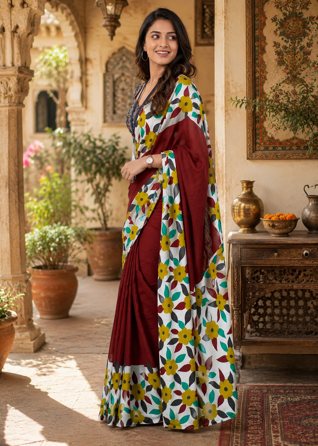 Soft Mulmul Cotton Block Printed Saree With unstitched Blouse(Red)