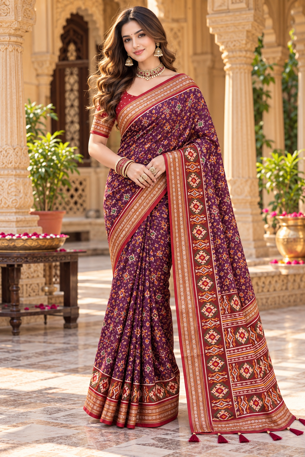 Pure Silk Patola Art Saree With Unstitched Blouse(Wine)