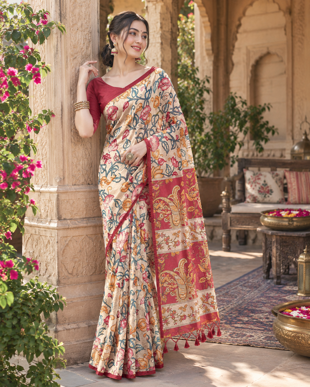 Tussar Silk Kalamkari Printed Saree With Unstitched Blouse(Red)