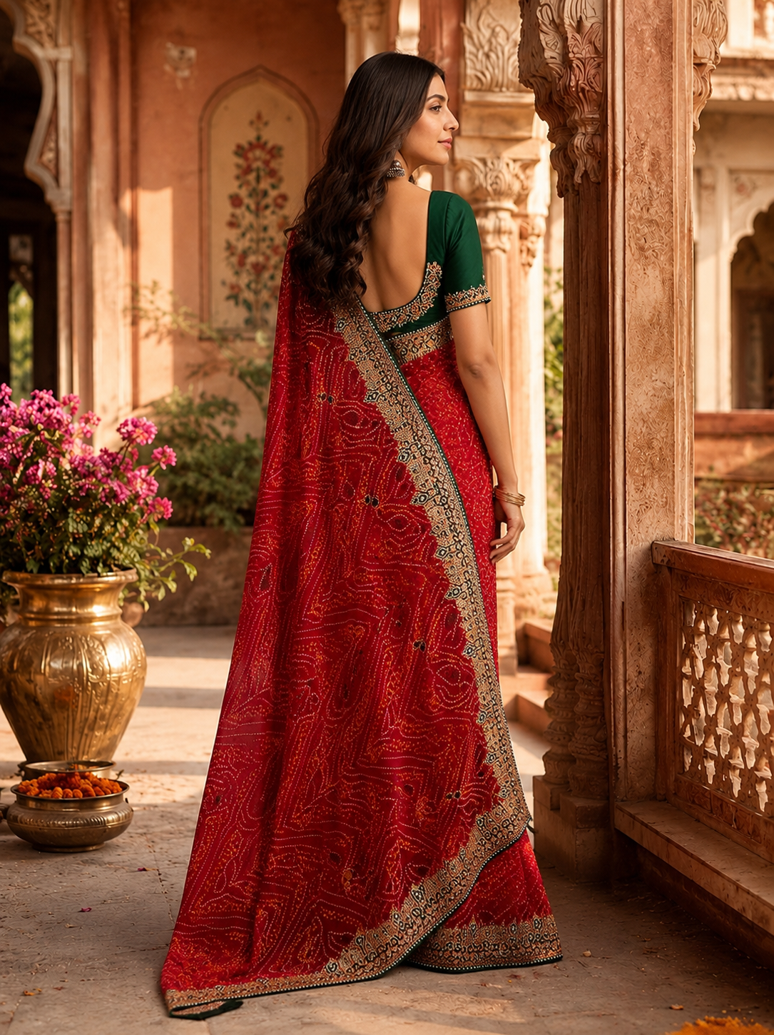Georgette Embroidery Work Saree With Unstitched Blouse(Red)