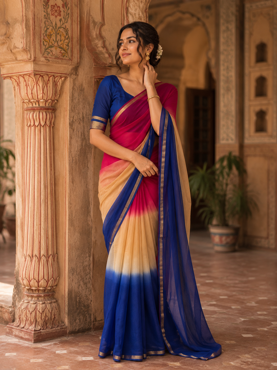 Georgette Printed Saree With Unstitched Blouse(Multicolor)