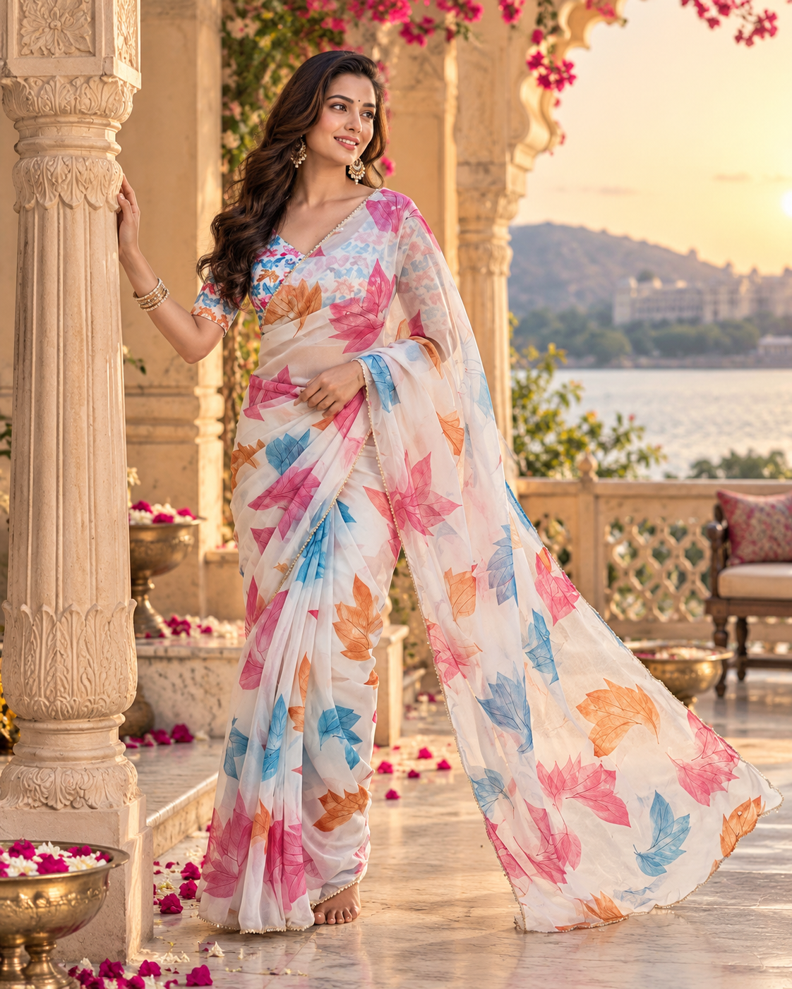 Organza Silk Floral Print Saree With Unstitched Blouse(White)