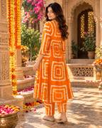 Rayon Kurti Pant Printed Set(Orange)
