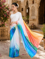Original Japan Satin Printed Saree With unstitched Blouse(White)