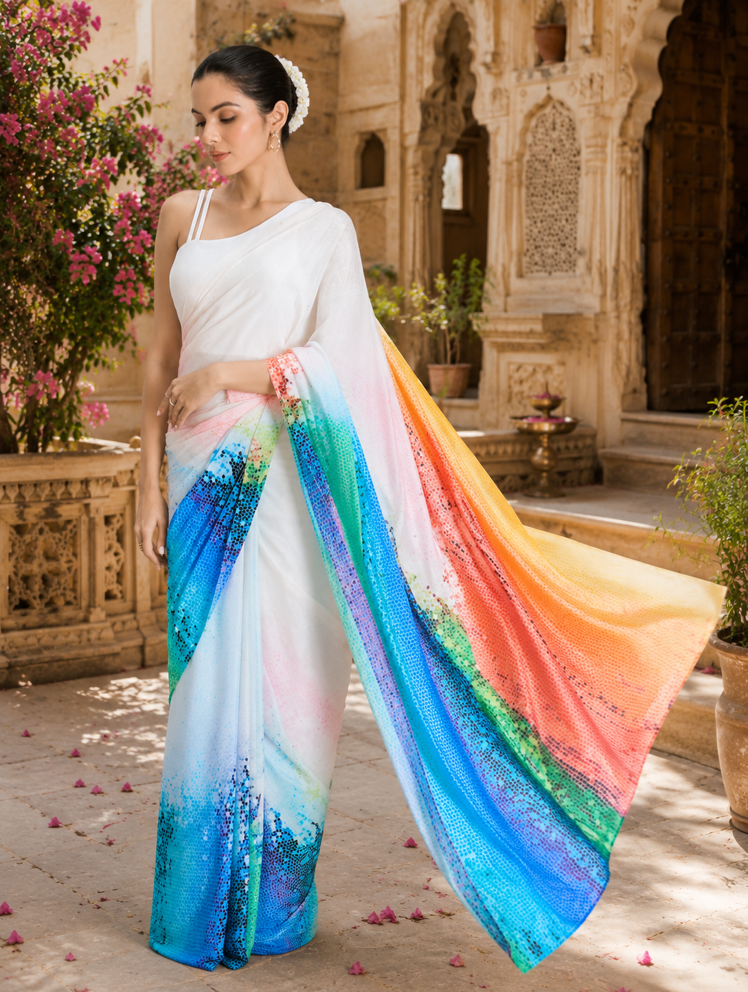 Original Japan Satin Printed Saree With unstitched Blouse(White)