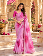 Maheshwari Silk Diamond Cut Work Saree With Unstitched Blouse(Pink)