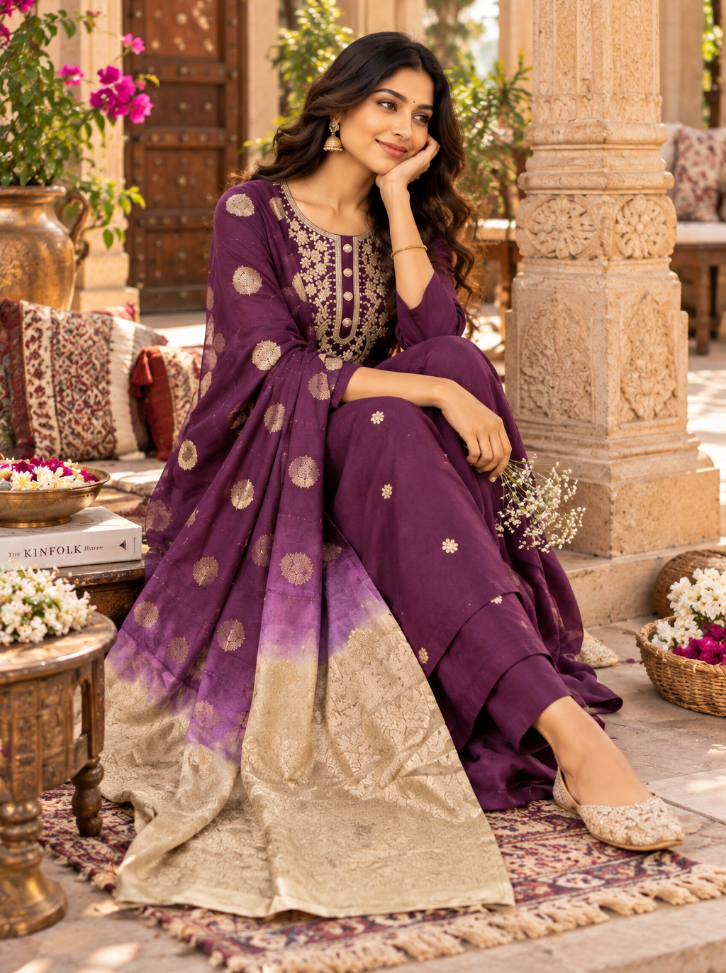 Roman Silk Kurti Pant With Dupatta Set(Wine)