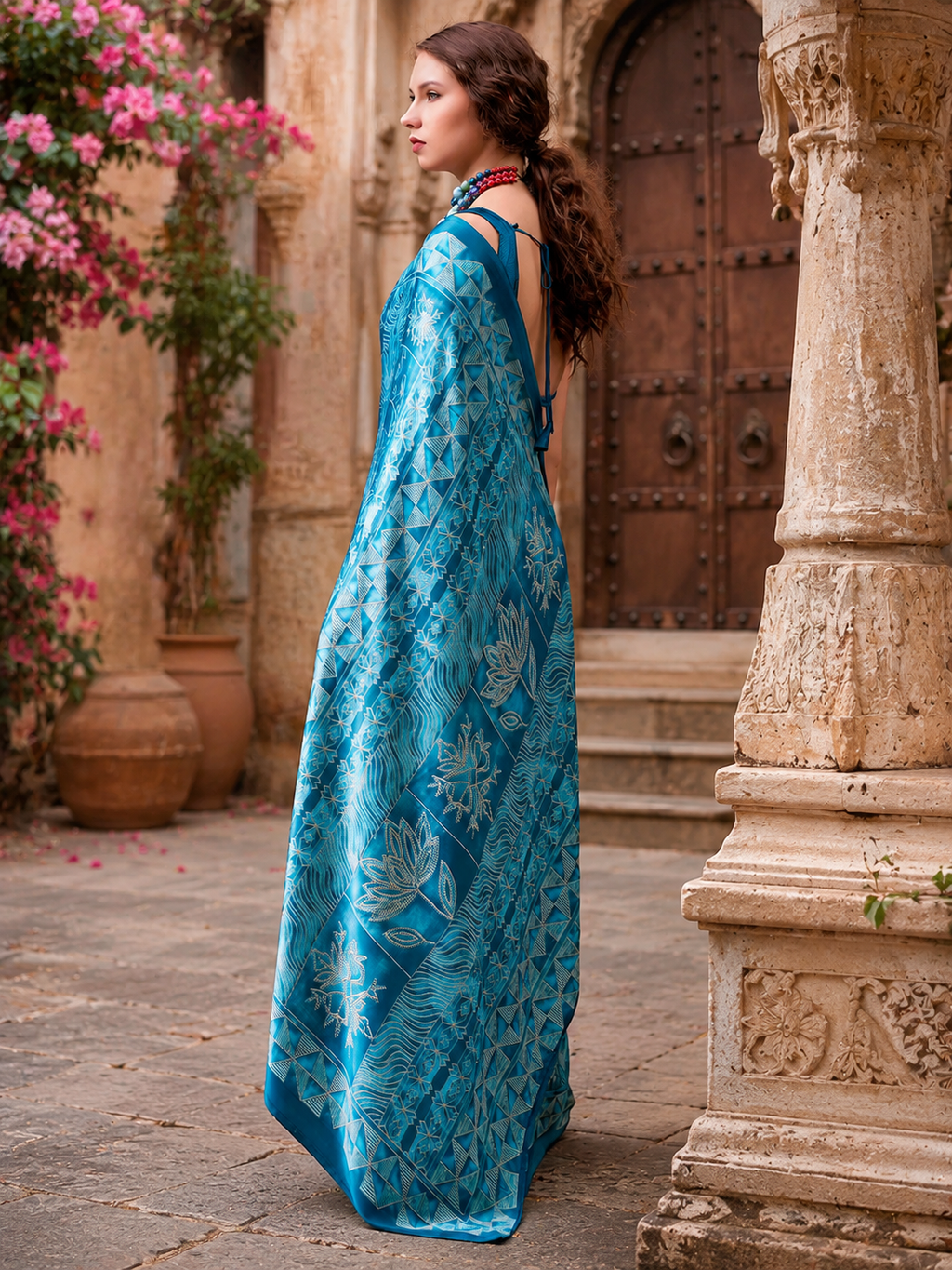 Satin Silk Designer Saree With Unstitched Blouse(Blue)