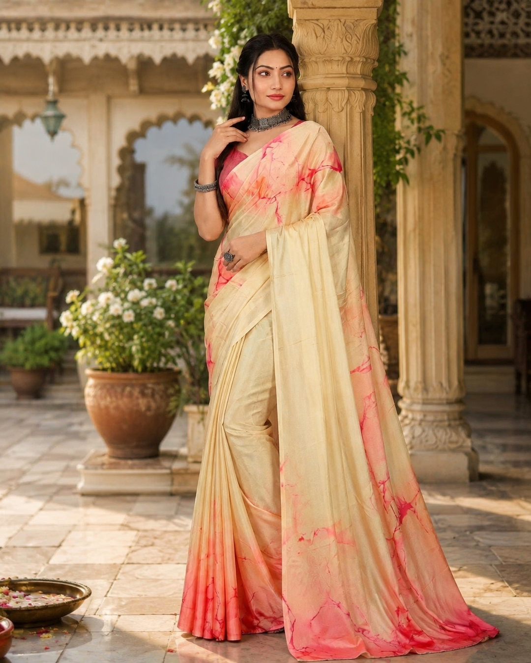 Satin Silk Printed Saree With Unstitched Blouse(Beige)