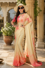 Load image into Gallery viewer, Satin Silk Printed Saree With Unstitched Blouse(Beige)
