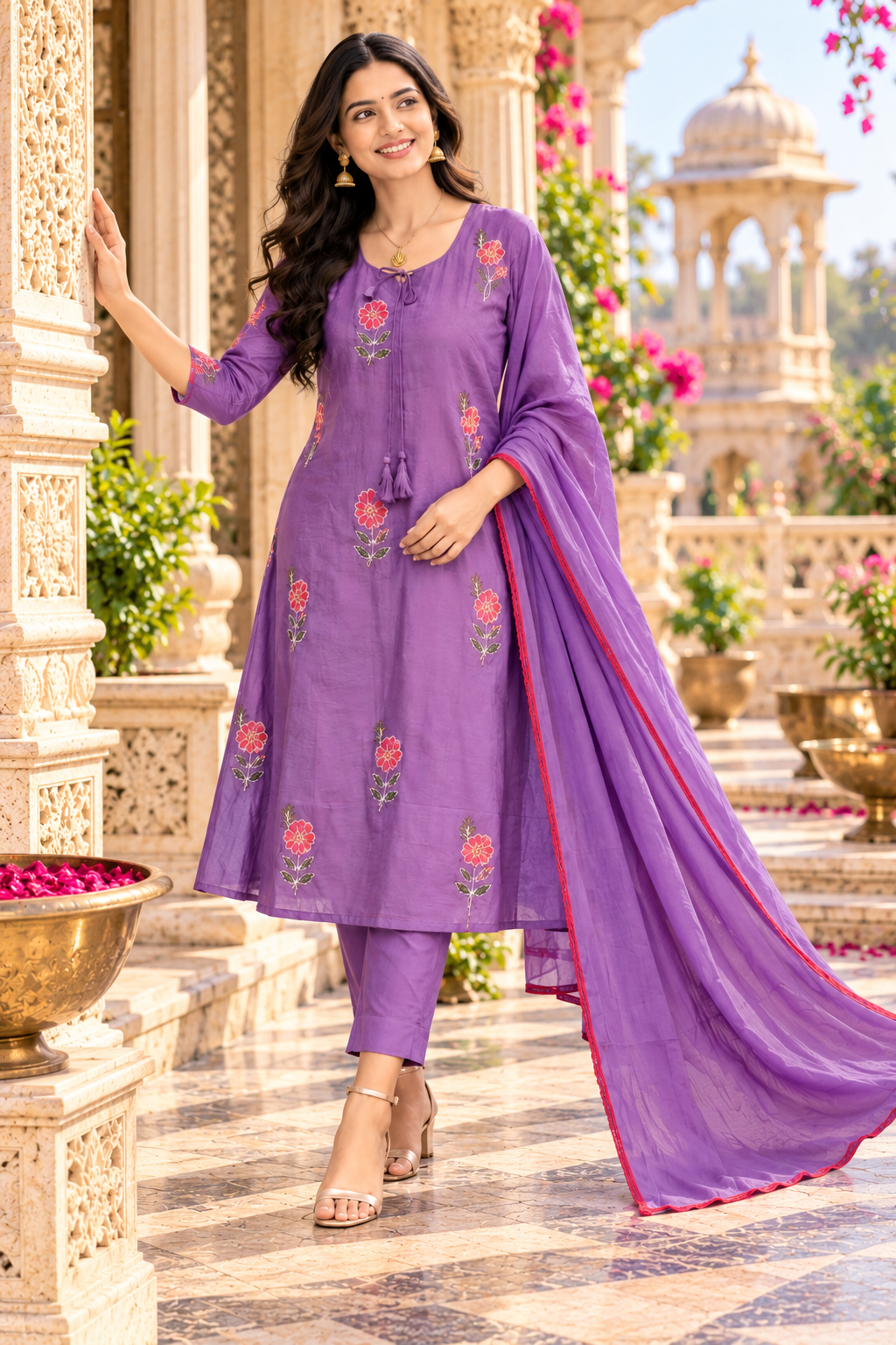 Chanderi Cotton Kurti Pant Set With Dupatta Set(Purple)