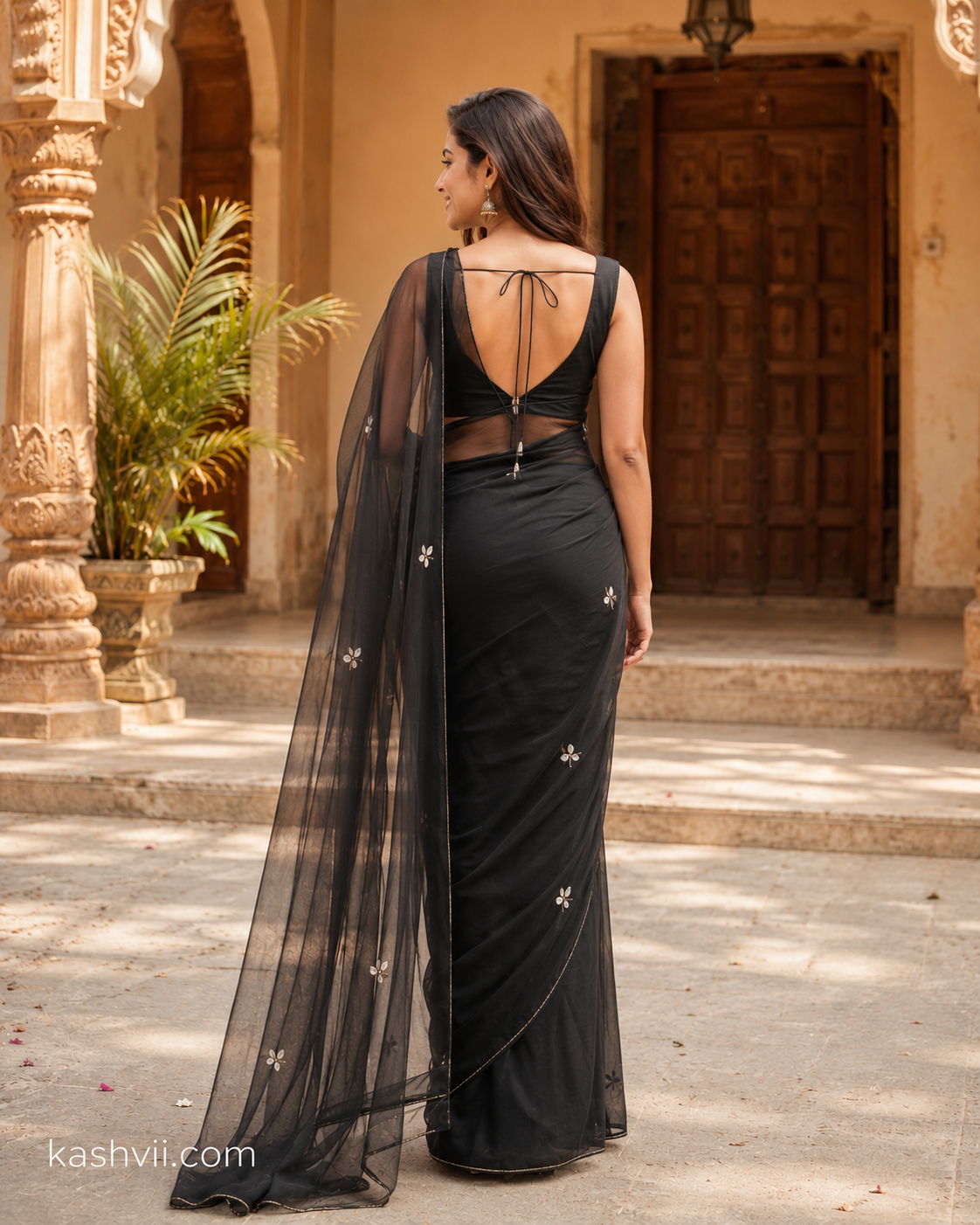 Exclusive  Georgette Handwork Saree With Unstitched Blouse (Black)