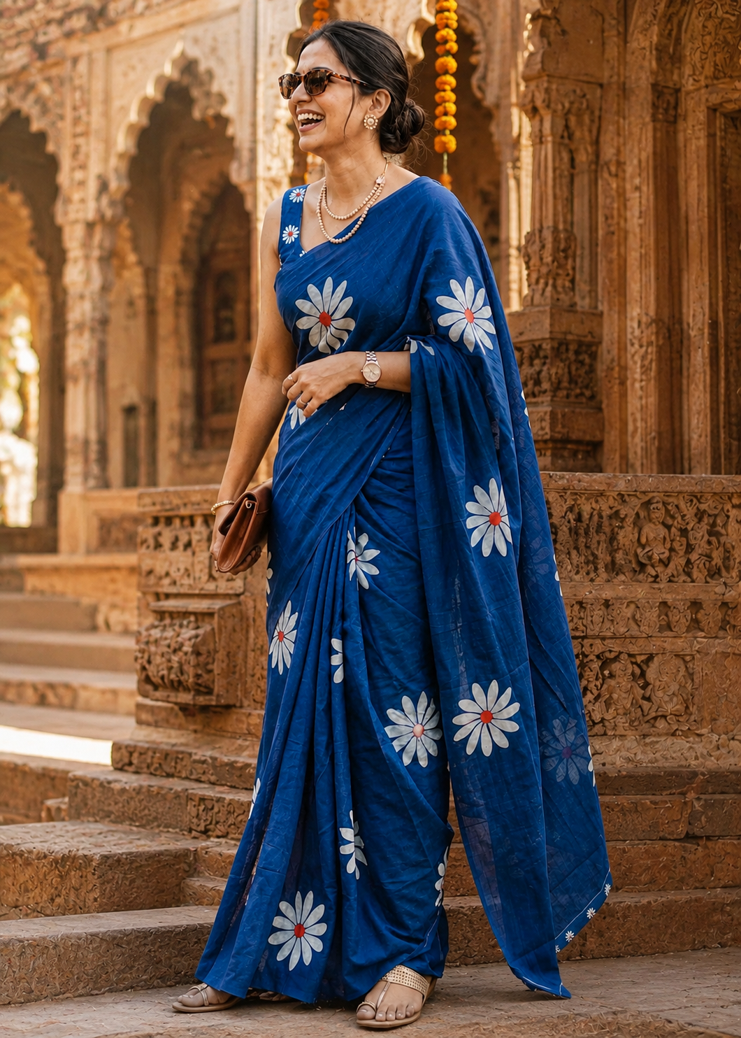 Mulmul Cotton Floral Printed Saree With Unstitched Blouse(Blue)