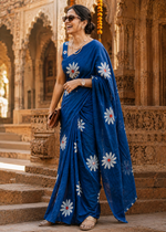 Load image into Gallery viewer, Mulmul Cotton Floral Printed Saree With Unstitched Blouse(Blue)
