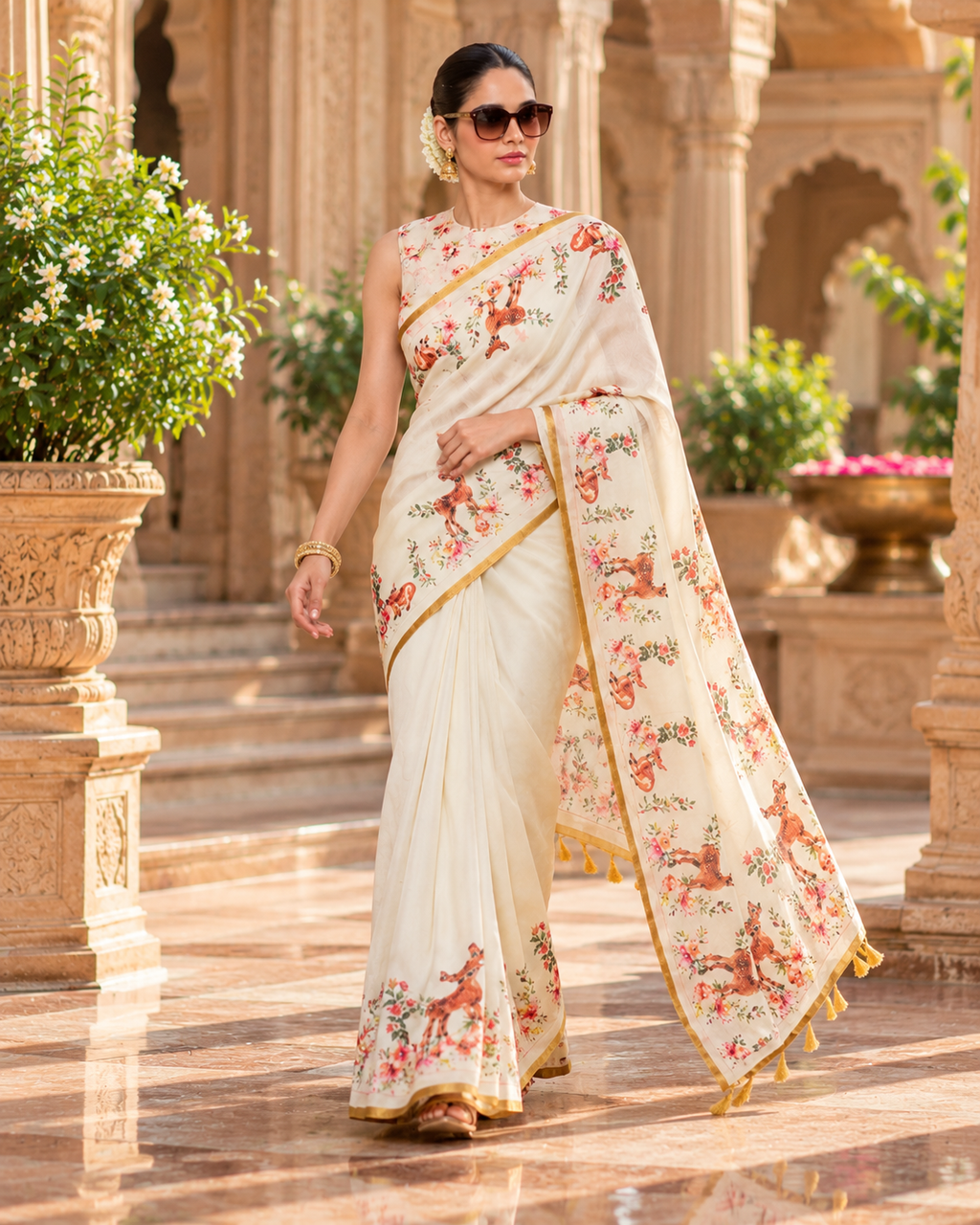 Soft Linen Floral Digital Print Saree With Unstitched Blouse(White)