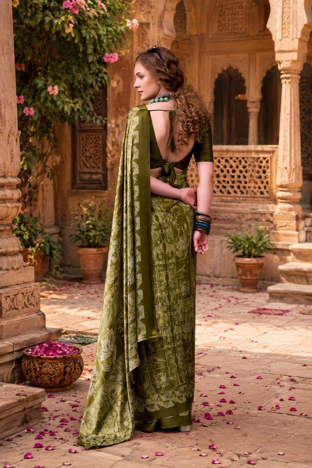 Satin Silk Designer Saree With Unstitched Blouse(Green)