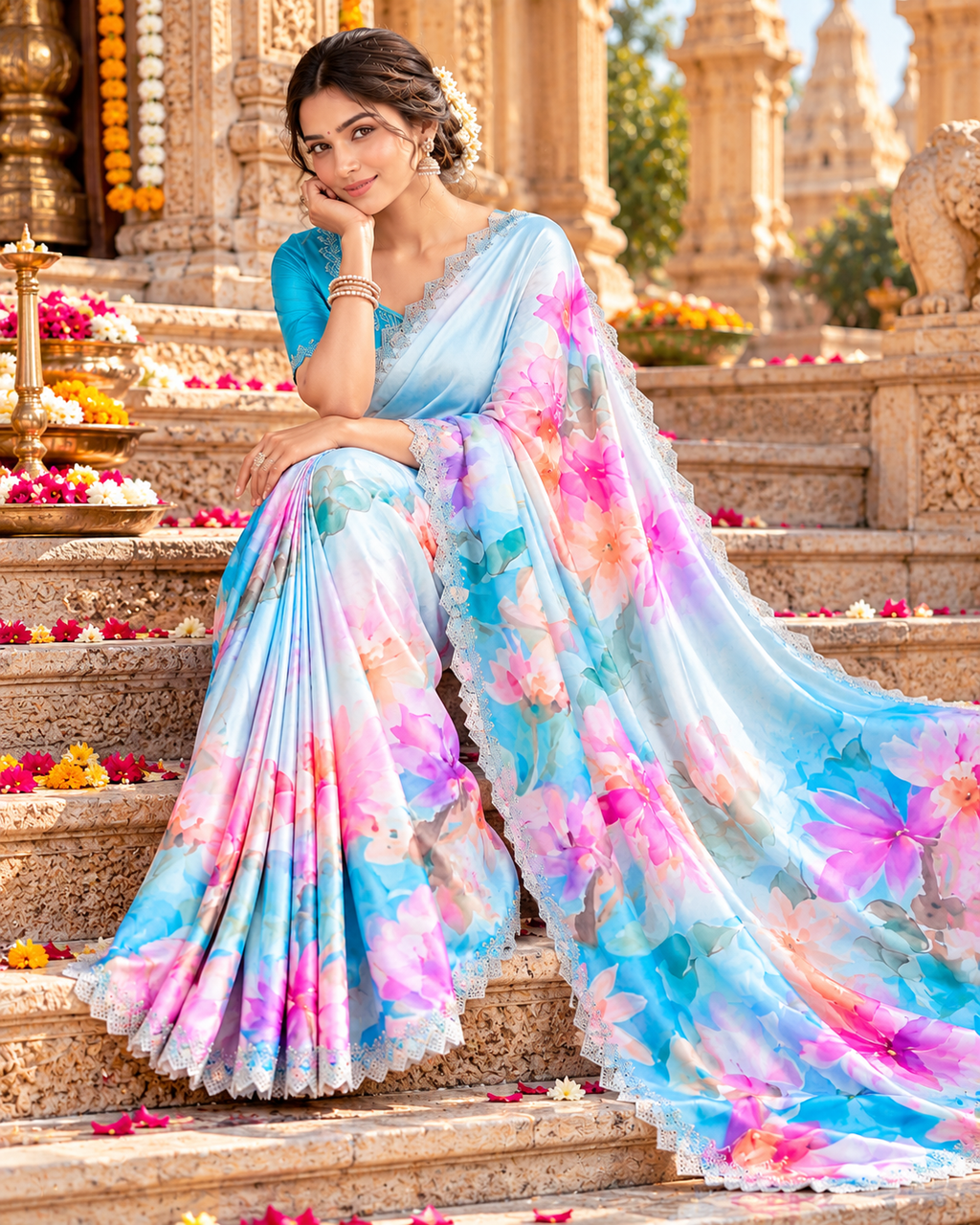 Pure Maheshwari Silk Saree With Unstitched Blouse(Blue)