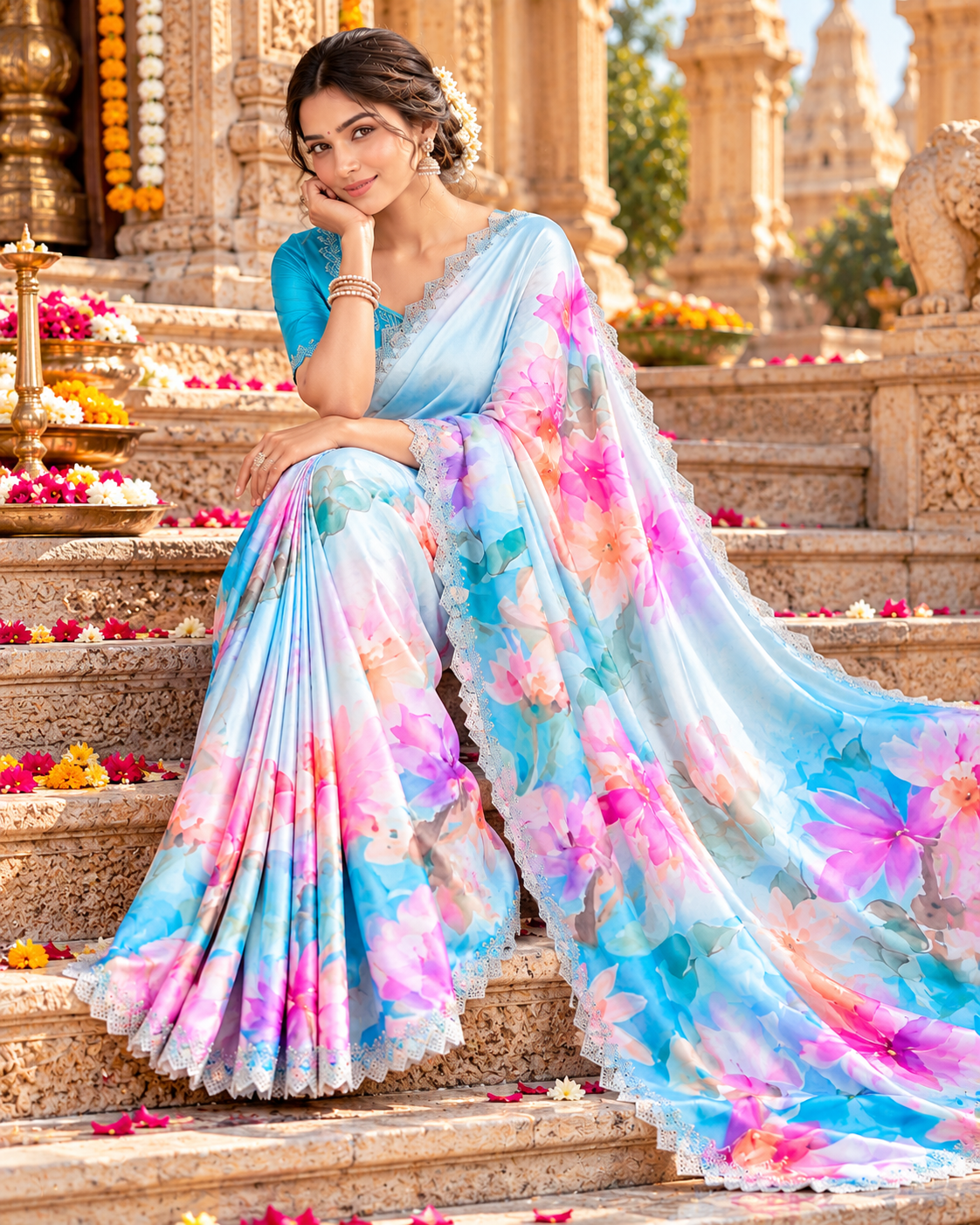 Pure Maheshwari Silk Saree With Unstitched Blouse(Blue)