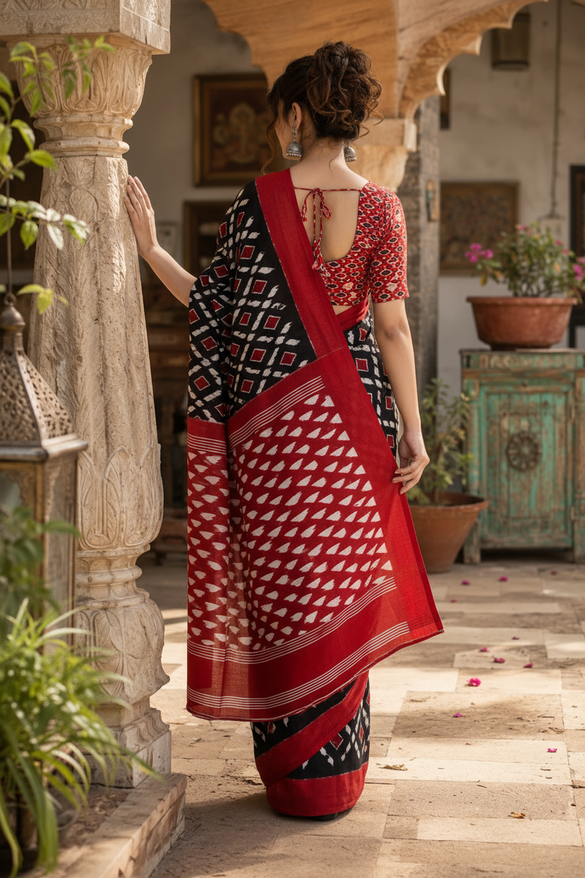 Pure mulmul cotton printed saree with unstitched blouse(black)