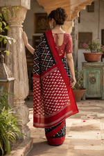 Load image into Gallery viewer, Pure Mulmul Cotton Printed Saree With Unstitched Blouse(Black)
