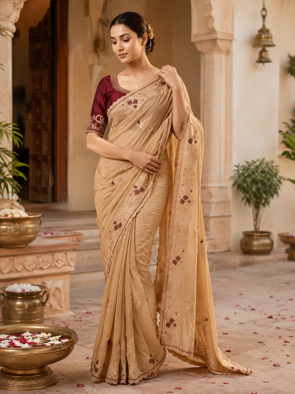 Premium Georgette Multi Embroidery Work Saree With Unstitched Blouse(Golden)