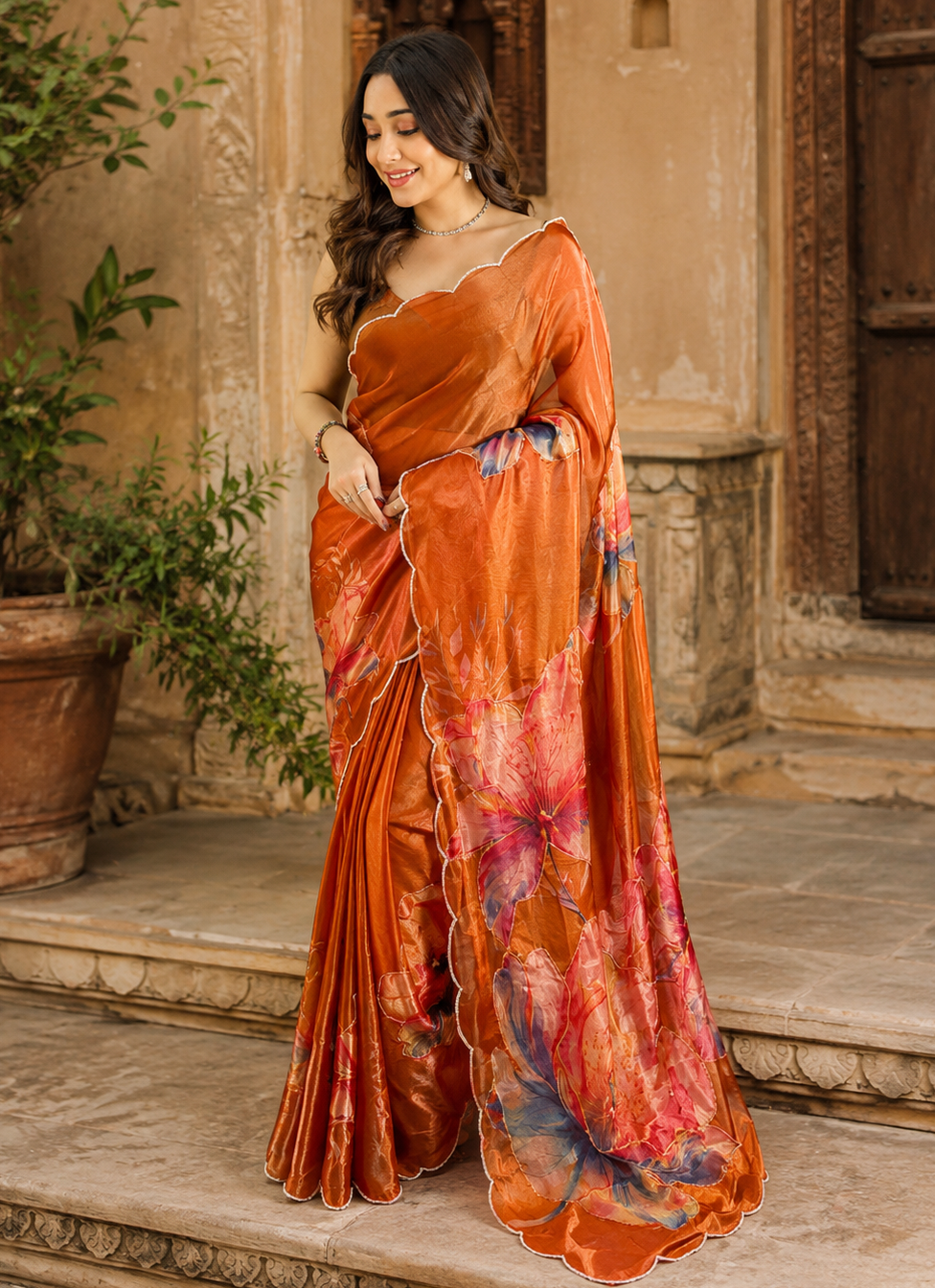 Satin Silk Floral Print Saree With Unstitched Blouse(Orange)