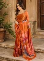 Satin Silk Floral Print Saree With Unstitched Blouse(Orange)