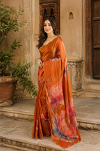 Satin Silk Floral Print Saree With Unstitched Blouse(Orange)