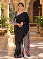 Crepe Silk Ready To Wear Saree With Unstitched Blouse(Black)